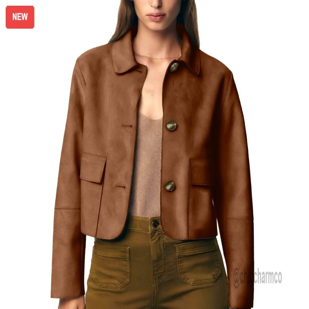 Faux Suede Bomber Jacket Lapel Button Down Crop Casual Outerwear Trendy